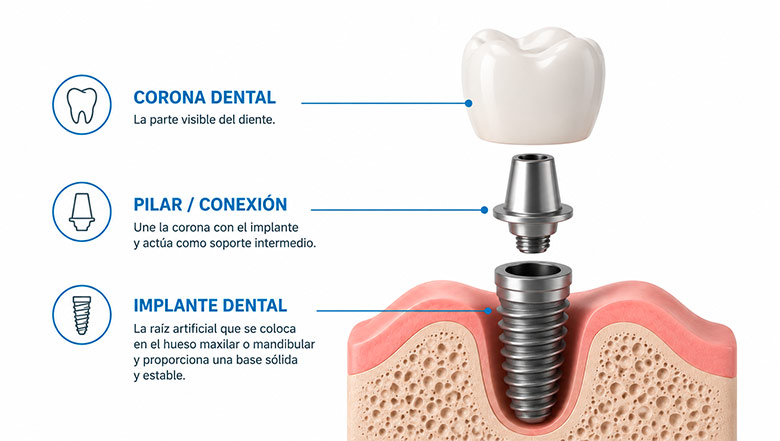 Partes de un implante dental con corona